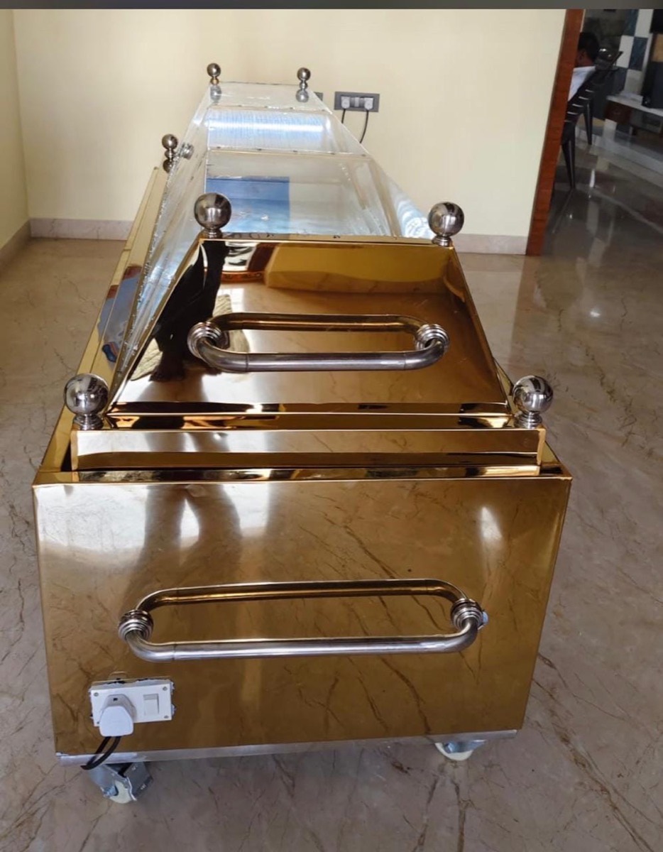VIP gold-finish dead body freezer box with glass lid, Hyderabad